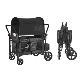Wagon Stroller for 4 Kids, Push Pull Quad Collapsible Stroller with Adjustable Handle, Safety Harness & Removable Canopy