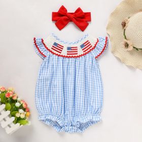 Baby Girls Independence Day Outfit 4th Of July American Flag Embroidery Smocked Bubble Romper With Headband (Option: Blue-0to3 Months)