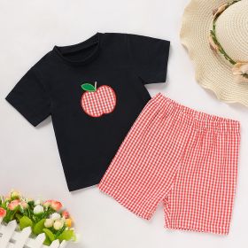 Toddler Baby Boy Back To School Outfit Summer Applique T-Shirt & Red Gingham Shorts Set (Option: Blue-2Y)