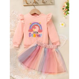 Baby Girls Rainbow Skirt Set Letters Embroidery Long Sleeve Sweatshirt Tops & Rainbow Tutu Skirt Outfits (Option: Pink-3to6 Months)