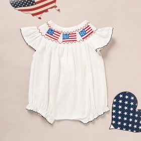 Baby Girl 4th Of July Bubble Romper, Smocked Fly Sleeve Bodysuit With American Flag Embroidery (Option: White-0to3 Months)