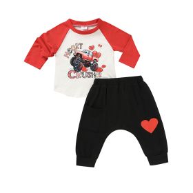 2pcs Baby Boy's 'Heart Crusher' Print Valentine's Day Set, Long Sleeve T Shirt Top & Black Heart Print Pants (Option: Red-6to9 Months)