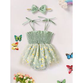 Newborn Infant Baby Girl Summer Outfits Romper Dress Floral Jumpsuit With Bow Headband Set (Option: Green-0to3 Months)