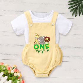 Infant Baby Boy Gentleman Outfit Summer Short Sleeve Crew Neck T Shirt First Birthday Suspender Romper Jumpsuit Set (Option: Khaki-9to12Months)
