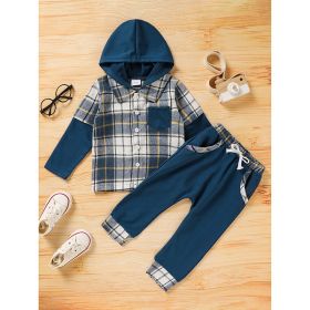 Toddler Baby Boy Clothes Plaid Long Sleeve Hoodie Sweatshirt & Pants 2pcs Boys Outfit Set (Option: Navy blue-2to3Year)