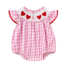 Newborn Baby Girls' Valentine's Day Smocked Romper Ruffle Sleeve Plaid Heart Embroidery Jumpsuit Casual Cute Romper (Option: Pink-0to3 Months)