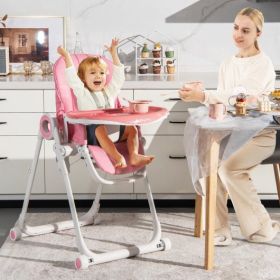 Baby High Chair Foldable Feeding Chair with 4 Lockable Wheels (Color: pink)